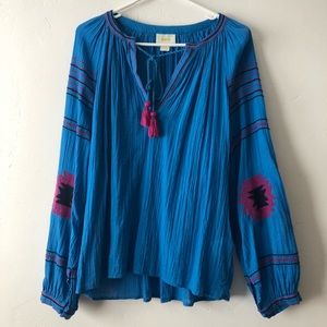 Maeve Anthro Boho Peasant Top Long Sleeve Blue M